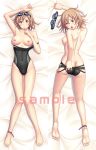  1girl 1girl anklet armpits ass barefoot big_breasts blush breasts brown_eyes brown_hair competition_swimsuit dakimakura feet finger_to_mouth full_body goggles jewelry jpeg_artifacts kuri_(kurigohan) legs long_legs looking_back lying multiple_views nipples on_back one-piece_swimsuit open_mouth posterior_cleavage sample short_hair slim_legs soles swimsuit swimsuit_pull tank_suit topless turnaround watermark 