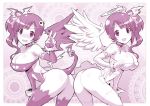  2_girls :d absurd_res ass bare_shoulders big_breasts blush bracelet breasts demon_tail fang hair_ornament halo high_res idolmaster igarashi_kyouko jewelry kitsune_choukan monochrome multiple_girls open_mouth ribbon_choker side_ponytail smile tail stockings v wavy_mouth wings 