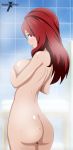  1girl artist_name ass back big_breasts blush breasts enen_no_shouboutai female female_butt_nudity female_nudity fire_force high_resolution indexryo lisa_isaribi lisa_isaribi_(enen_no_shouboutai) long_hair looking_at_viewer looking_back nude red red_eyes red_hair short_hair shower sideboob smile very_high_resolution wet 