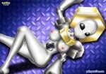  1girl bbmbbf big_breasts black_eyes breasts erect_nipples gold_head_ornament gold_necklace laying looking_at_viewer melmetal metal metal_skin nintendo nipples nude nude_female palcomix pokemon pokepornlive silver_skin slime slime_girl 