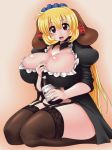  1girl alcohol black_legwear black_panties black_thighhighs blonde blonde_hair bottle breasts brown_eyes cleavage curvy female garter_belt high_res highres higuma huge_breasts legs legwear long_hair looking_at_viewer maid no_pants no_skirt open_clothes open_mouth panties plump simple_background sitting solo stockings thick_thighs thighhighs thighs underwear wine 