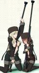 2_girls 2girls anti-materiel_rifle arm_up belt between_breasts big_breasts black_legwear black_thighhighs blonde_hair blue_eyes blush boots breast_envy breast_press breasts darker_than_black fur_hat green_eyes gun hat high_res highres holding kneel kneeling large_breasts licking long_hair multiple_girls mura666 navel open_clothes red_hair rifle sexually_suggestive short_hair sniper_rifle staring_at_breasts stockings suou_pavlichenko tanya_(darker_than_black) tears thigh_boots thigh_high_boots thighhighs tongue weapon