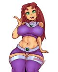  1girl 1girl 1girl 2020 alien alien_girl big_breasts clothed_female dc_comics dc_comics dcau eyebrows eyelashes female_only green_eyes hair humanoid humanoid_hands jakuson_z koriand&#039;r long_hair nipples nipples_visible_through_clothing open_mouth open_smile red_hair smile solo_focus starfire stockings superheroine tamaranean teen_titans thick_thighs thighhigh_boots wide_hips 
