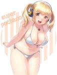1girl :d ayase_totsuki big_breasts bikini blonde_hair breasts cleavage headphones high_res highres jewelry large_breasts leaning_forward navel necklace nitroplus open_mouth plump px8xq short_twintails smile solo star super_pochaco swimsuit thighs twin_tails twintails yellow_eyes