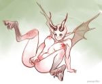 1girl big_breasts breasts demon_girl female fingering greengriffin horns large_breasts masturbation monster_girl pointy_ears pussy smile solo succubus wings yellow_eyes
