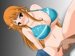  1girl bikini bikini_top blush bottomless breasts brown_eyes cleavage denim earrings fingering hige_masamune huge_breasts jeans jewelry long_hair midriff naked_from_the_waist_down nami nami_(one_piece) navel no_panties one_piece orange_hair pants sitting solo spread_legs swimsuit tears vaginal 