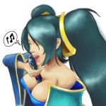  1girl bare_shoulders between_breasts big_breasts breasts cleavage flute green_hair ian_chase instrument large_breasts league_of_legends licking long_hair musical_note sexually_suggestive solo sona sona_buvelle twin_tails twintails yellow_eyes 