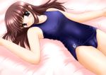  bed blue_eyes blush breasts brown_hair cameltoe erect_nipples high_res kisaragi_mic long_hair one-piece_swimsuit school_swimsuit swimsuit 