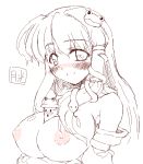  1girl areolae bangs between_breasts big_breasts blush breasts bust cleavage detached_sleeves female frog gekkou_ookami hair_ornament head_tilt kochiya_sanae large_areolae large_breasts long_hair looking_at_viewer monochrome nipples nose_blush nude oekaki pyonta sexually_suggestive simple_background sketch smile snake solo touhou upper_body white_background 