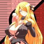  1girl between_breasts big_breasts blonde_hair breasts cleavage cynthia food hair_ornament hair_over_one_eye hairpin hairpins ice_cream large_breasts long_hair pokemon pokemon_(game) pokemon_dppt sexually_suggestive shirona_(pokemon) solo tro 