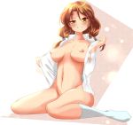  1girl bottomless breasts brown_hair character_request grin highres long_hair naked_shirt navel nipples no_shoes nude open_clothes open_shirt orange_eyes shirt sitting smile socks solo source_request twintails wariza white_legwear white_socks yang_meiling 