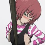  1girl between_breasts blush breast_squeeze breasts darker_than_black flat_chest green_eyes hands kanna_asuke lowres naizuri paizuri penis pole red_hair redhead sexually_suggestive small_breasts solo striped suou_pavlichenko tears 