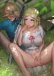  1boy 1girl blonde_hair blue_eyes excited exhibitionism fingering_pussy forest hetero large_breasts looking_at_another outside pointy_ears princess_zelda sitting spread_legs the_legend_of_zelda unfairr zelda 