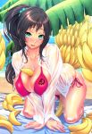  1girl all_fours arched_back banana beach bent_over between_breasts big_breasts bikini black_hair blush breasts bursting_breasts chinbotsu cleavage deep_skin eye_contact fingernails food fruit green_eyes hanging_breasts heart huge_breasts jewelry large_breasts lips long_hair looking_at_another looking_at_viewer naughty_face ocean open_mouth original ponytail ring sexually_suggestive shiny shiny_skin shirt side-tie_bikini skindentation smile solo swimsuit symbol-shaped_pupils thick_thighs thighs water wedding_band wet wet_clothes white_shirt 