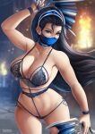 1girl alluring big_breasts black_eyes black_hair bra breasts cleavage female_only flowerxl kitana lingerie long_hair looking_at_viewer mask midway_games mortal_kombat mortal_kombat_4 mortal_kombat_armageddon mortal_kombat_deadly_alliance mortal_kombat_deception mortal_kombat_ii panties small_panties solo_female thick_thighs toned toned_female ultimate_mortal_kombat_3 voluptuous wide_hips
