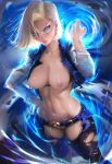  1girl android_18 big_breasts blonde_hair blue_eyes dragon_ball_z female_only pussy sakimichan shaved_pussy solo_female 