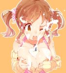  between_breasts breasts brown_hair character_request cleavage cream hato_haru high_res sexually_suggestive twin_tails wink 