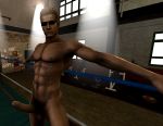 1boy 3d albert_wesker big_penis gymnasium male male_only muscle nude penis solo solo_male sunglasses testicle
