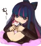  1girl between_breasts blueberry bow breasts cleavage food fruit green_eyes hair_bow huge_breasts ice_cream kasutaso long_hair multicolored_hair panty_&amp;_stocking_with_garterbelt sexually_suggestive solo stocking_(psg) strawberry 