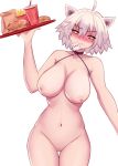  1girl 1girl ahoge animal_ears bangs big_breasts biriyb blush breasts cowboy_shot fate/grand_order fate_(series) food high_resolution holding holding_object holding_tray jeanne_d&#039;arc_(alter) jeanne_d&#039;arc_(fate) navel nipples nude pussy short_hair silver_hair tray tsurime white_background yellow_eyes 