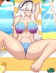  1girl ;p alluring alternate_breast_size alternate_costume alternate_hair_color big_breasts bikini breasts cleavage corrin_(fire_emblem) corrin_(fire_emblem)_(female) female_abs female_only fire_emblem fire_emblem_cipher fire_emblem_fates inviting long_hair lotion nahusmash nintendo official_alternate_costume one_eye_closed partially_visible_vulva presenting shell_bikini spread_legs sunscreen swimsuit tongue tongue_out under_boob white_hair wink 