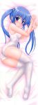 1girl absurd_res ass bed_sheet blue_eyes blue_hair blush dakimakura female_only high_res kisaragi_mic lying marina_(kisaragi_mic) no_shoes on_side one-piece_swimsuit pastel_wing scan see-through solo_female stockings swimsuit wet wet_clothes white_legwear white_swimsuit
