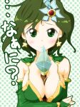  1girl between_breasts big_breasts blush breast_hold breasts bridal_gauntlets cape crossed_arms detached_sleeves earrings final_fantasy final_fantasy_iv green_eyes green_hair hair_ornament ichigo_yu jewelry large_breasts rydia sexually_suggestive solo wand weapon 