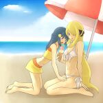 2_girls alluring beach beach_towel beach_umbrella blonde_hair blue_eyes blue_hair creatures_(company) cynthia_(pokemon) dawn_(pokemon) game_freak hair_ornament hair_over_one_eye hat hikari_(pokemon) huge_breasts humans_of_pokemon ice lesbian long_hair milf nintendo ocean pokemon pokemon_(anime) pokemon_(game) pokemon_black_2_&amp;_white_2 pokemon_black_and_white pokemon_bw pokemon_bw2 pokemon_diamond_pearl_&amp;_platinum pokemon_dppt purple_eyes sexy sexy_ass sexy_body sexy_breasts shirona_(pokemon) surprised yuri