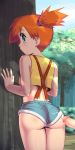  1boy 1girl against_tree apostle_(artist) ass back bangs bare_shoulders big_ass blue_sky blush cloud cloudy_sky crop_top crop_top_overhang cum cum_on_ass cum_on_clothes day denim denim_shorts ejaculation eyebrows eyelashes forest from_behind green_eyes highres kasumi_(pokemon) looking_at_viewer looking_back midriff nature nintendo orange_hair out-of-frame_legs outdoors penis pokemon pokemon_(anime) ponytail profile revealing_clothes shiny shiny_skin shirt short_hair short_ponytail short_shorts shorts side_ponytail single_eyebrow sky sleeveless sleeveless_shirt solo_focus suspenders tank_top tree uncensored wide_ponytail yellow_shirt 