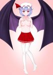  areolae big_breasts blue_hair breasts female looking_at_viewer nipples red_eyes remilia_scarlet shandougen_shimifu smile solo topless touhou wings 