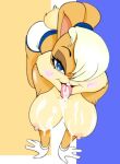  1girl 1girl after_sex all_fours animal_tail anthro areola ass big_breasts blue_eyes breasts brown_skin bunny_ears cum cum_on_breasts cum_on_tongue cumshot eyelashes furry gloves hair_over_one_eye hips lagomorph legs lola_bunny looking_at_viewer looney_tunes mammal nipples open_mouth rabbit sexy shorts slut tail thighs tongue topless warner_brothers white_gloves white_hair 