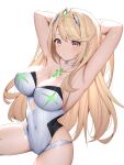1girl absurd_res alluring arms_behind_head arms_up bangs big_breasts blonde_hair blush breasts brown_eyes casual_one-piece_swimsuit chest_jewel choker cleavage collarbone covered_navel earrings high_res jewelry long_hair looking_at_viewer mythra mythra_(xenoblade) nintendo one-piece_swimsuit parted_lips roi_(liu_tian) simple_background sitting strapless strapless_swimsuit swept_bangs swimsuit tiara very_long_hair voluptuous white_background white_choker white_swimsuit xenoblade_(series) xenoblade_chronicles_2