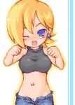 1girl ;d bemani big_breasts blonde_hair blue_eyes blush breasts chabo_(fuketsudan) crop_top denim earring fang female halter_top halterneck happy jeans jewelry judy_(pop&#039;n_music) lowres navel navel_piercing no_panties one_eye_closed open_fly open_mouth pants piercing pop&#039;n_music pussy short_hair smile solo unbuttoned uncensored unzipped wink yamaika