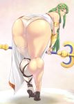 1girl ass bad_proportions bare_shoulders bent_over big_ass breasts butt_crack calves curvy foreshortening green_eyes green_hair high_heels huge_ass jewelry kid_icarus large_breasts leaning_forward long_hair looking_at_viewer looking_back lots_of_jewelry marunav palutena panties parted_lips shoes solo staff standing thick_thighs thighs wide_hips