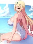 1girl alluring bangs big_breasts blonde_hair breasts headpiece high_res long_hair mythra mythra_(radiant_beach)_(xenoblade) mythra_(xenoblade) nintendo one-piece_swimsuit ponponmaru ribbed_swimsuit strapless strapless_swimsuit striped swept_bangs swimsuit tiara vertical-striped_swimsuit vertical_stripes very_long_hair white_swimsuit xenoblade_(series) xenoblade_chronicles_2 yellow_eyes