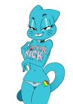  1girl 2018 5_fingers anthro bedroom_eyes blue_fur breasts cameltoe cartoon_network cat cherry_(fruit) choker clothed clothing digital_media_(artwork) fangs feline food fruit fur furry half-closed_eyes high_res kandlin mammal mature_female navel nicole_watterson nipples panties seductive simple_background smile standing text the_amazing_world_of_gumball thigh_gap topless underwear whiskers white_background 