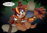  1girl anthro bedroom_eyes boomerang breasts furry high_res hotred is is_(artist) looking_at_viewer nipples pussy sega shoes solo_focus sonic_(series) sonic_boom speech_bubble sticks_the_jungle_badger talking talking_to_viewer text 