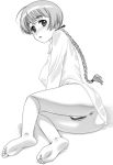  1girl anus ass bad_id barefoot bottomless braid breasts censored dark_labia feet highres looking_back lynette_bishop mine_(peak) mine_(pixiv9104) monochrome nipples open_clothes open_shirt pussy shirt soles solo strike_witches toes 