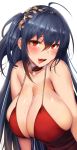  1girl ahoge azur_lane bangs bare_shoulders blush breasts choker cleavage cocktail_dress dress hair_between_eyes hair_ornament huge_breasts lolicept looking_at_viewer open_mouth red_choker red_dress red_eyes saliva simple_background taihou_(azur_lane) teeth tongue tongue_out very_long_hair 