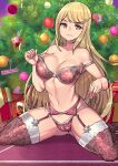 1girl alluring alternate_costume bangs big_breasts bra breasts cameltoe christmas cleavage cleft_of_venus gem gift jewelry lingerie long_hair looking_at_viewer mythra mythra_(xenoblade) navel nintendo pose redjet removing_bra removing_panties shiny shiny_skin sitting stockings swept_bangs tree underwear very_long_hair voluptuous xenoblade_(series) xenoblade_chronicles_2 yellow_eyes