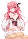  1girl bad_id bare_shoulders blush breasts date_a_live hair_ornament horns itsuka_kotori long_hair nipples open_clothes open_mouth pink_eyes pink_hair pussy sea_(lordofk) shirt_pull solo tears very_long_hair zen_o 
