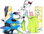 bed bow breasts canine closed_eyes clothing covering dog female furry hetero holds husky lamp leo licking littlebluewolfleo male natalie nude paws penis pussylicking red sex sits star tongue white_background wintersnowolf wolf