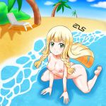 :) beach beach_chair blush chair cute els lillie lillie_(pokemon) looking_at_viewer nude ocean on_knees palm_tree pokemon pokemon_(game) pokemon_sm porkyman sad signature sitting smile tree water 
