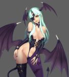  1girl :q adapted_costume asymmetrical_legwear bare_shoulders bat_print bat_wings belt big_breasts breasts bridal_gauntlets capcom cleavage demon_girl demon_tail demon_wings elbow_gloves eyepatch gloves green_eyes green_hair grey_background hand_on_hip head_wings high_res highres hips large_breasts legs licking_lips lip_licking long_hair morrigan_aensland nail_polish navel ogami pantyhose patterned_legwear print_legwear revealing_clothes simple_background solo succubus tail thighs tongue tongue_out vampire_(game) wings 