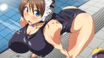  1girl bent_over blue_eyes breasts brown_hair covered_nipples curvy erect_nipples female high_res highres huge_breasts kunifuto one-piece_swimsuit original original_character pool short_hair solo sport swimsuit water_polo wet 