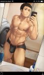 1boy 8_(yamalu) abs black_hair bulge camera crotch haikyuu!! male_focus mirror muscle pecs phone sawamura_daichi self_shot topless underwear
