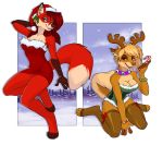  2015 2_girls alpha_channel anthro antlers armpits bracelet breasts candy candy_cane canine christmas cleavage clothed clothing collar dog dress duo ear_piercing food fox fur furry hair hat holidays horn husky hybrid jewelry jingle_bell jingle_bells kneel legwear looking_at_viewer mammal mistletoe orange_eyes orange_fur piercing plant pomeranian pomeranian_husky red_hair ribbons santa_hat silverdeni skimpy smile snow snowing stockings tan_fur tight_clothing tongue tongue_out tree white_fur 