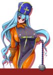 1girl amano_taiki apron areola areolae blue_hair bodysuit breasts brown_eyes chunsoft collarbone covered_nipples curvy dragon_quest dragon_quest_iii enix erect_nipples female female_priest_(dq3) gloves happy hat high_res highres hips huge_breasts large_areolae latex latex_suit legs long_hair morning_star mound_of_venus nipples priest_(dq3) pussy red_eyes shiny shiny_skin shoes smile solo souryo_(dq3) very_long_hair weapon wide_hips