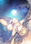 1girl alluring bangs bare_shoulders bath bathing big_breasts blonde_hair blush breasts chest_jewel collarbone earrings full_moon hinot jewelry long_hair looking_at_viewer looking_up moon mythra mythra_(xenoblade) naked_towel night night_sky nintendo onsen parted_lips reflection rock sidelocks sky swept_bangs thighs towel voluptuous water wet xenoblade_(series) xenoblade_chronicles_(series) xenoblade_chronicles_2 yellow_eyes