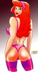  ass bra daphne_blake hairband looking_back panties red_hair scooby-doo solo stockings 